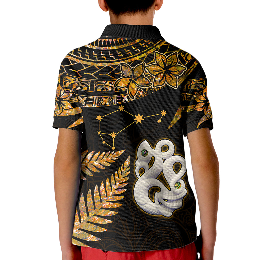 Custom Maori Kid Polo Shirt Matariki Stars Manaia with Paua Shell - Gold - Wonder Print Shop