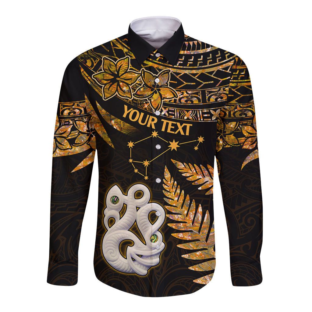 Custom Maori Long Sleeve Button Shirt Matariki Stars Manaia with Paua Shell - Gold - Wonder Print Shop