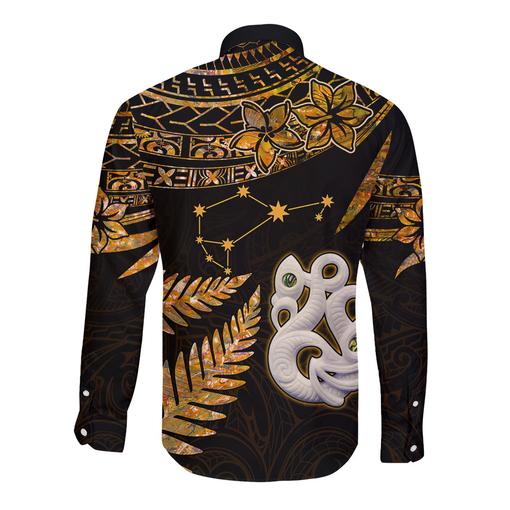 Custom Maori Long Sleeve Button Shirt Matariki Stars Manaia with Paua Shell - Gold - Wonder Print Shop