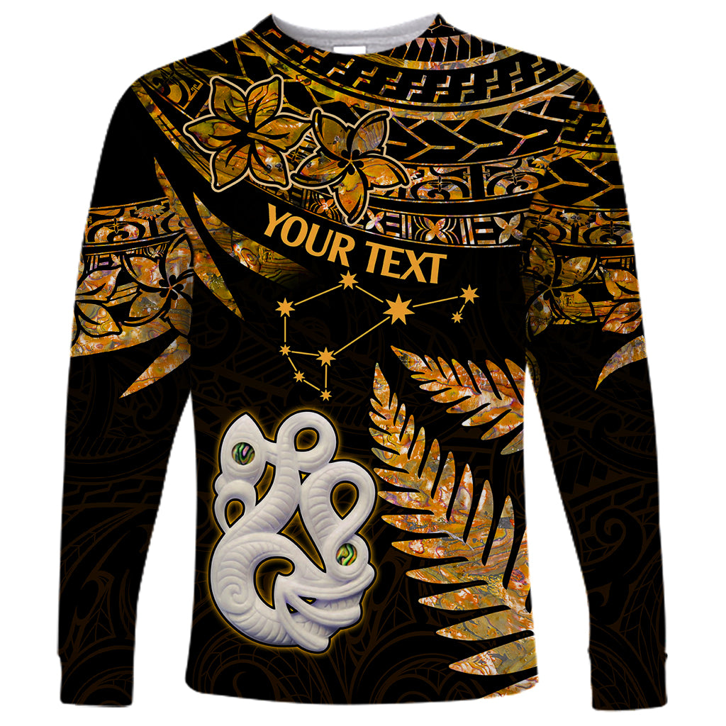 Custom Maori Long Sleeve Shirt Matariki Stars Manaia with Paua Shell - Gold - Wonder Print Shop