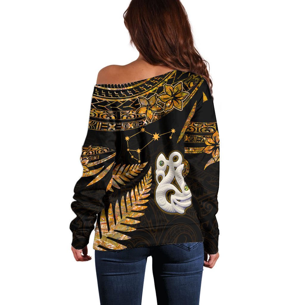 Custom Maori Off Shoulder Sweater Matariki Stars Manaia with Paua Shell - Gold - Wonder Print Shop