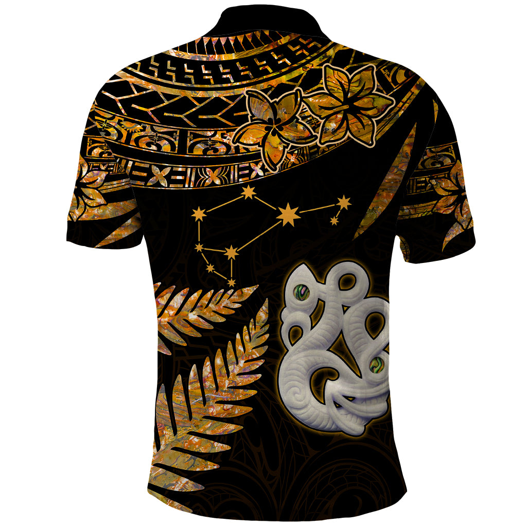 Custom Maori Polo Shirt Matariki Stars Manaia with Paua Shell - Gold - Wonder Print Shop