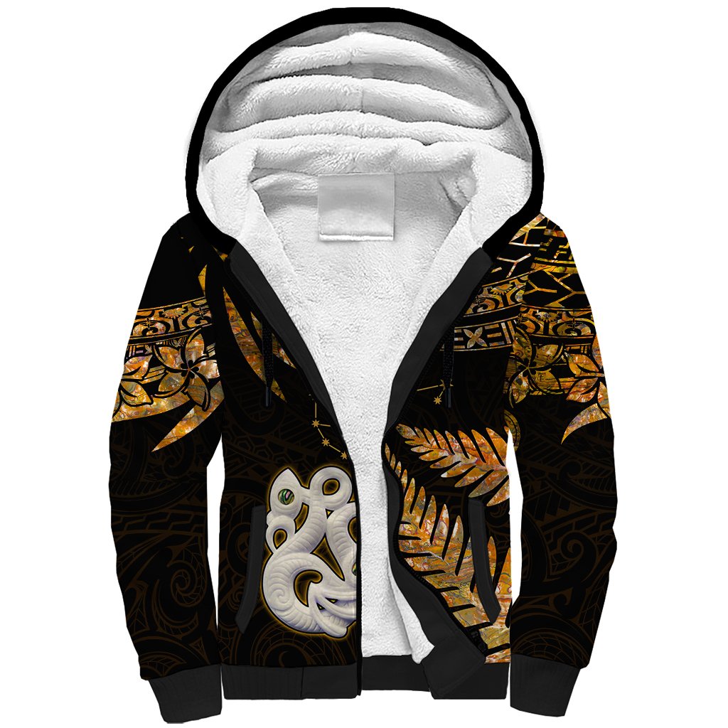 Custom Maori Sherpa Hoodie Matariki Stars Manaia with Paua Shell - Gold - Wonder Print Shop