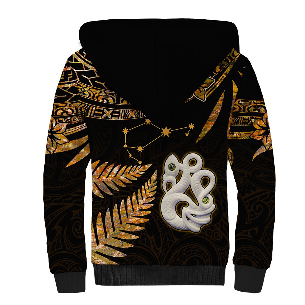 Custom Maori Sherpa Hoodie Matariki Stars Manaia with Paua Shell - Gold - Wonder Print Shop
