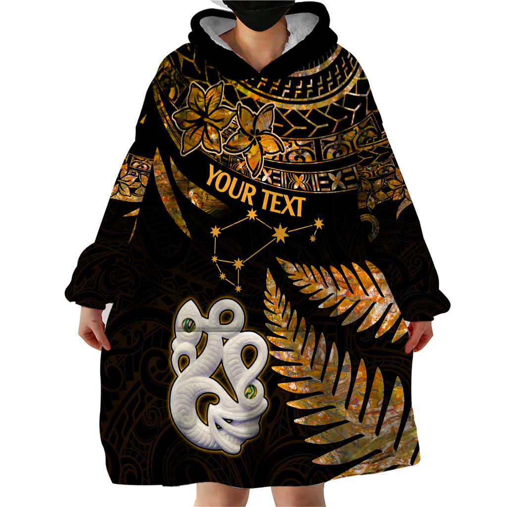 Custom Maori Wearable Blanket Hoodie Matariki Stars Manaia with Paua Shell - Gold - Wonder Print Shop
