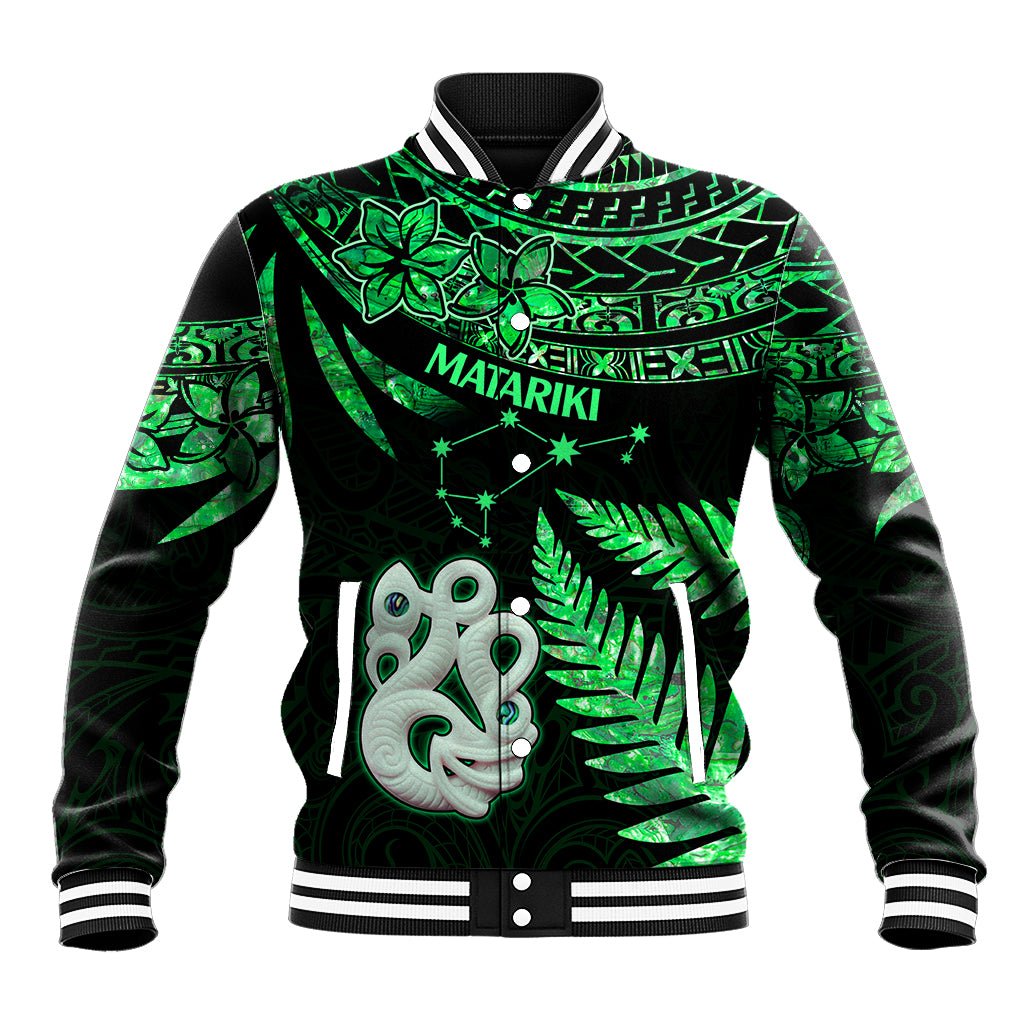 Maori Baseball Jacket Matariki Stars Manaia with Paua Shell - Green LT9 - Wonder Print Shop