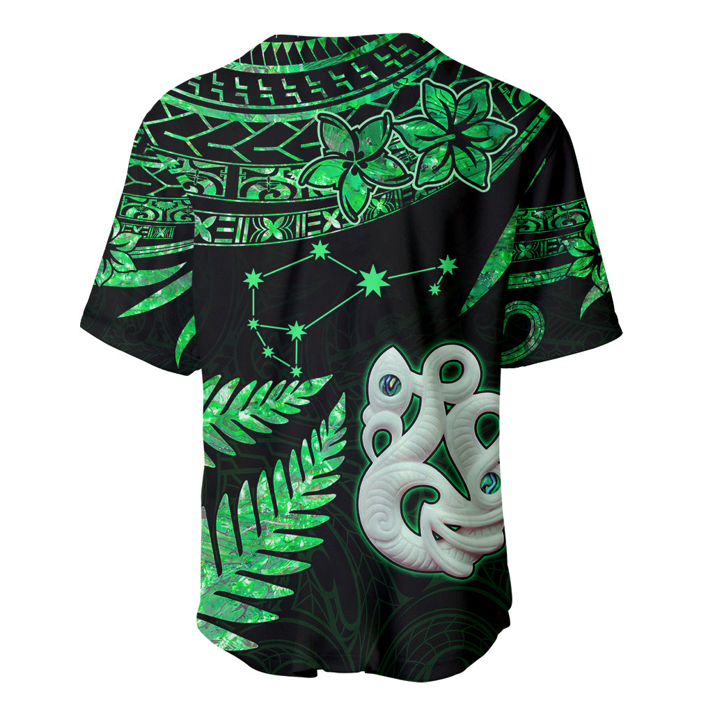 Maori Baseball Jersey Matariki Stars Manaia with Paua Shell - Green LT9 - Wonder Print Shop