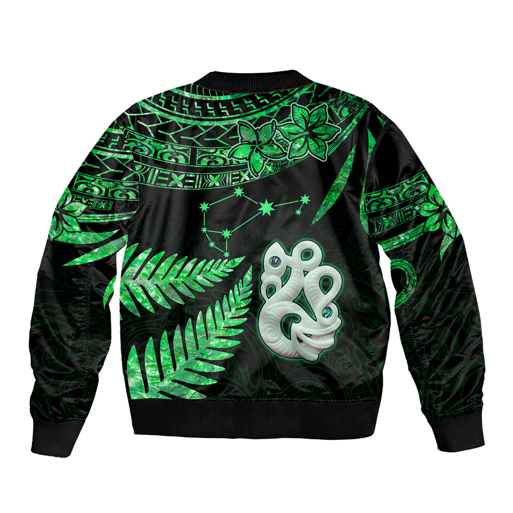 Maori Bomber Jacket Matariki Stars Manaia with Paua Shell - Green LT9 - Wonder Print Shop