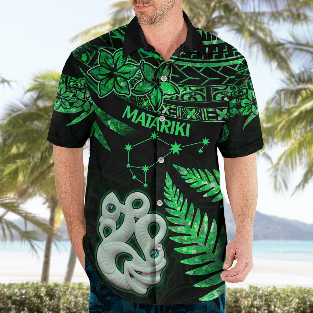 Maori Hawaiian Shirt Matariki Stars Manaia with Paua Shell - Green - Wonder Print Shop