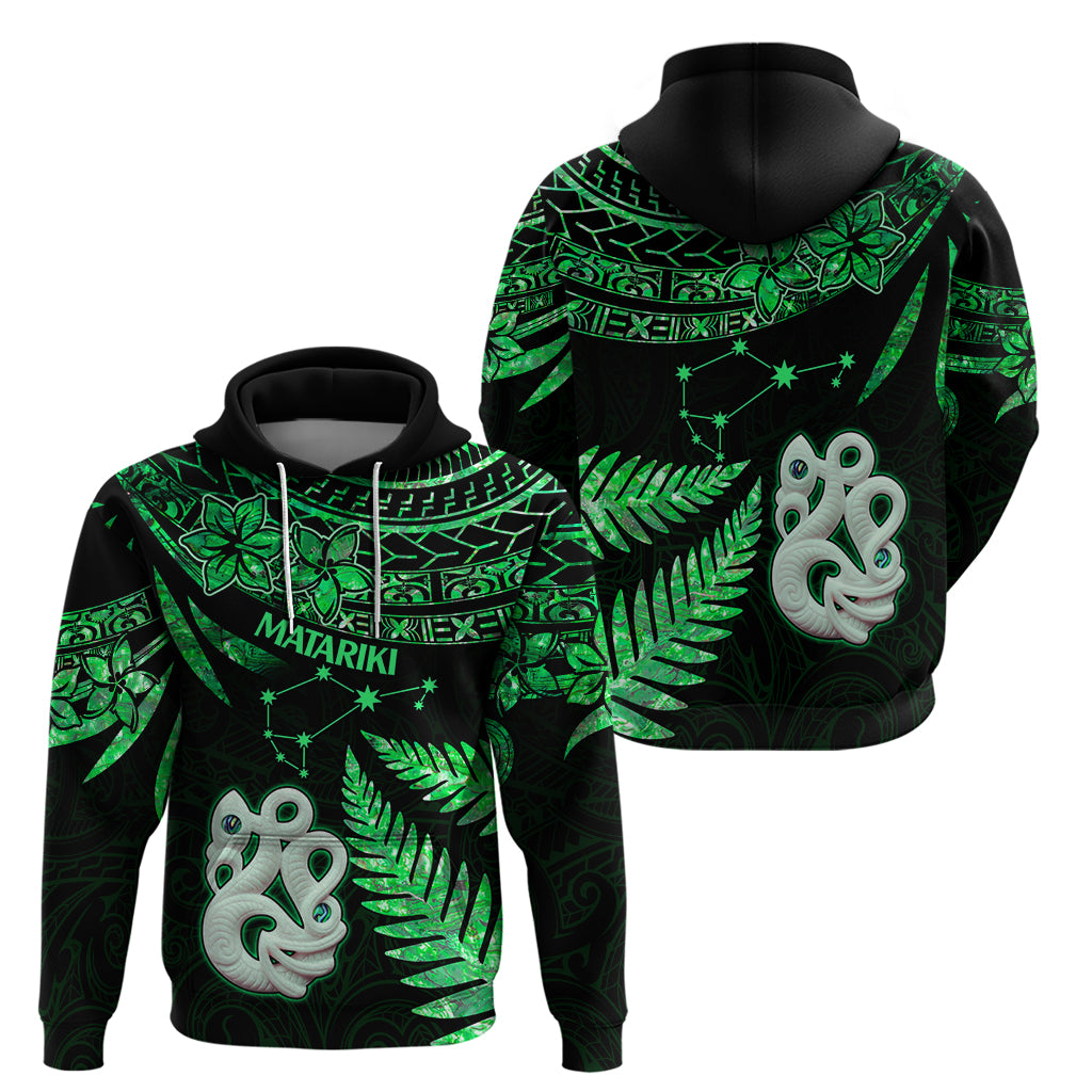 Maori Hoodie Matariki Stars Manaia with Paua Shell - Green - Wonder Print Shop