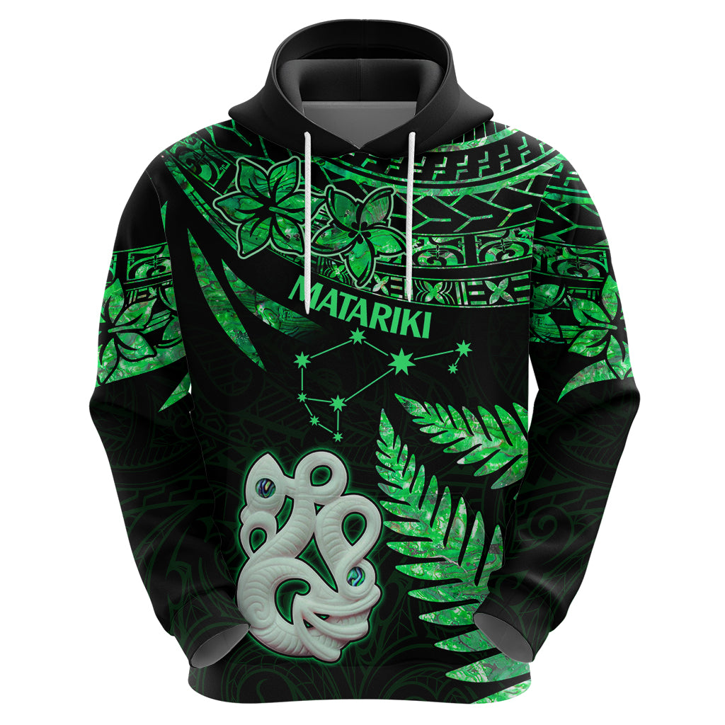 Maori Hoodie Matariki Stars Manaia with Paua Shell - Green - Wonder Print Shop