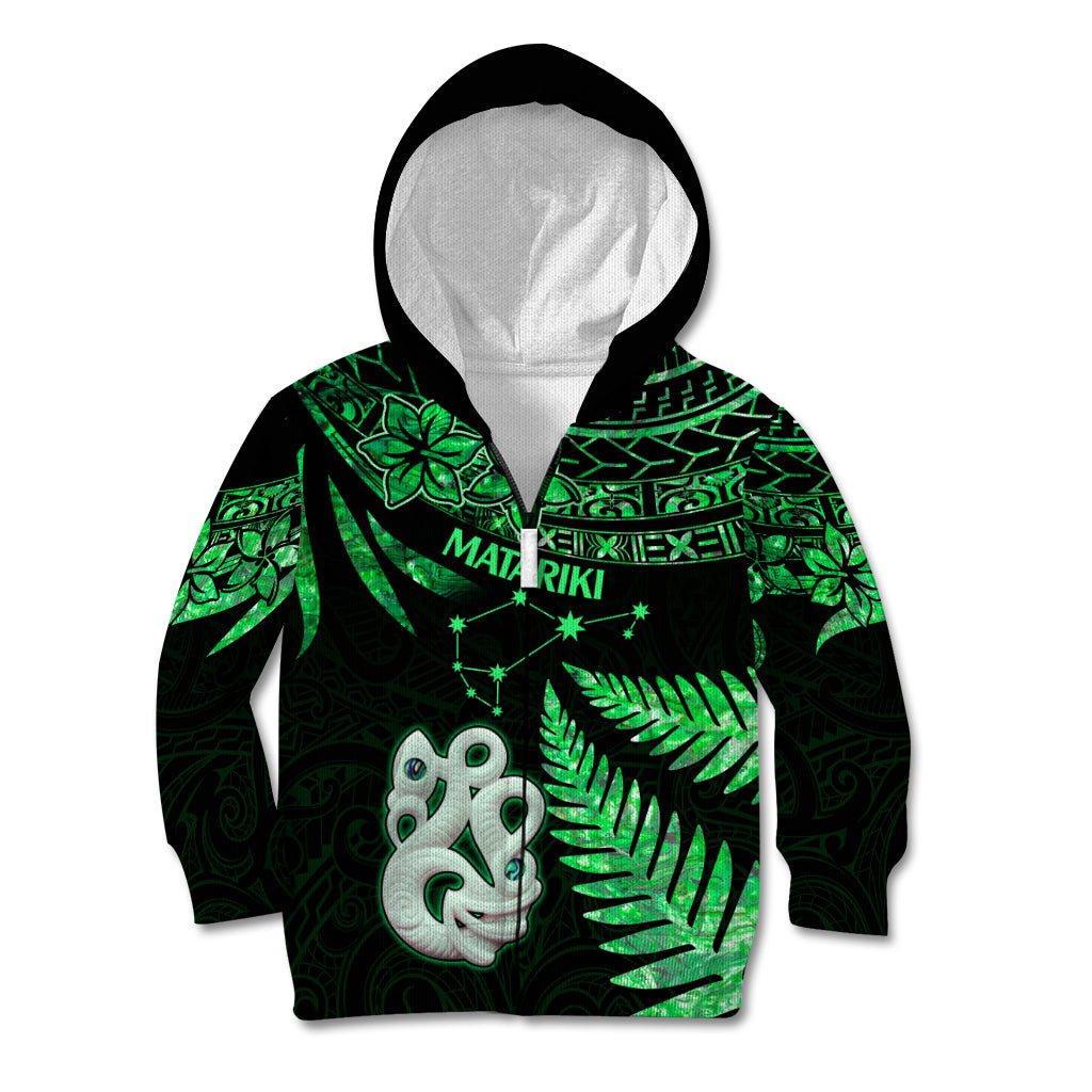Maori Kid Hoodie Matariki Stars Manaia with Paua Shell - Green - Wonder Print Shop