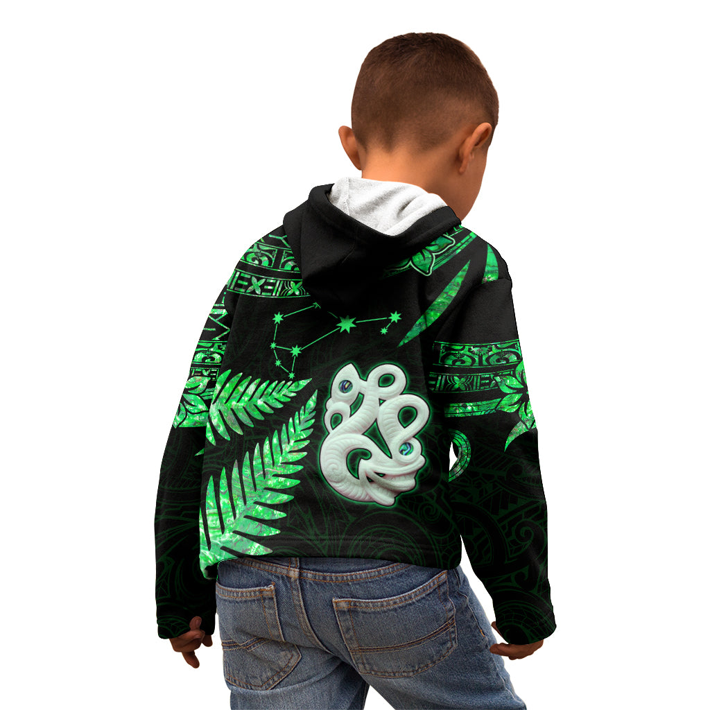 Maori Kid Hoodie Matariki Stars Manaia with Paua Shell - Green - Wonder Print Shop