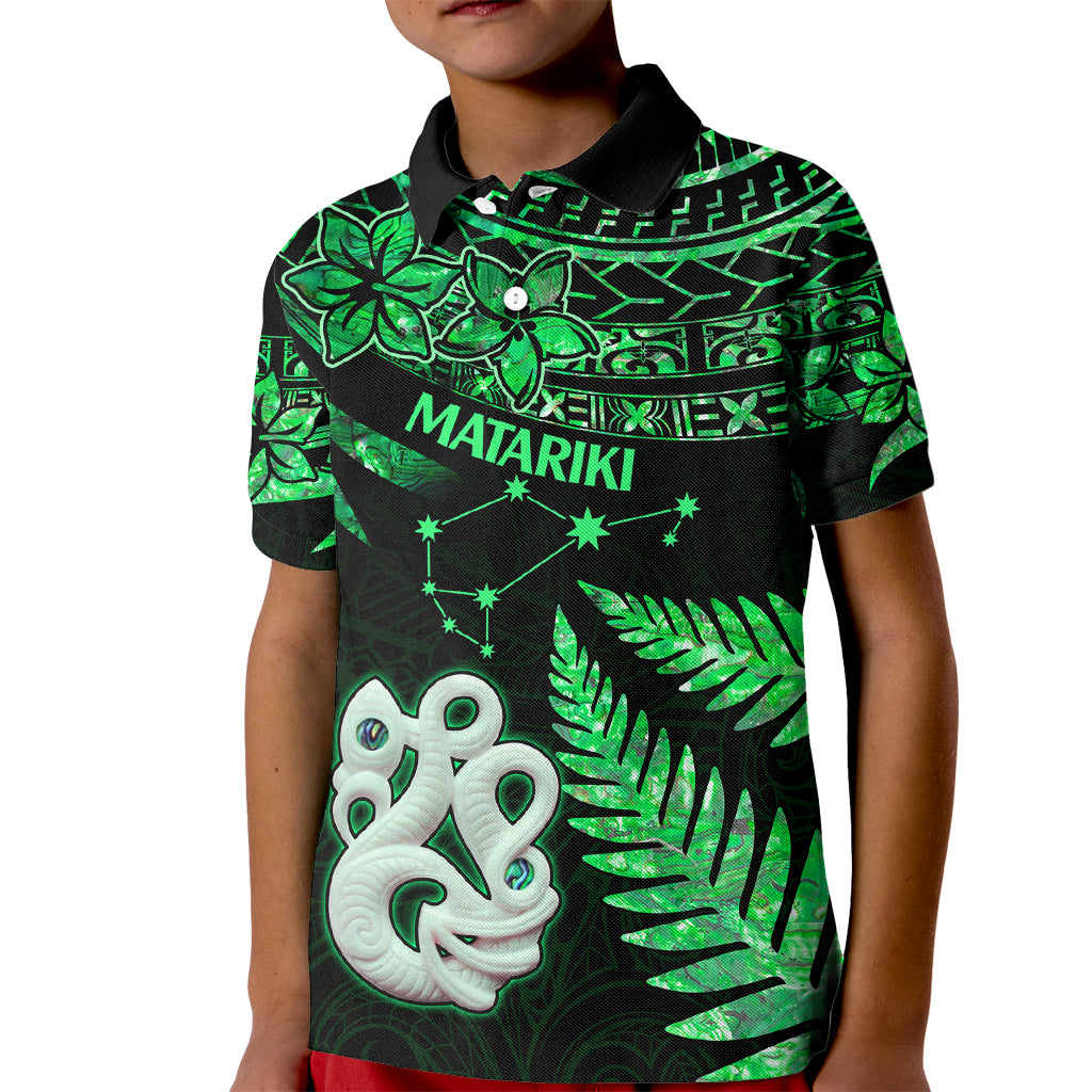 Maori Kid Polo Shirt Matariki Stars Manaia with Paua Shell - Green - Wonder Print Shop