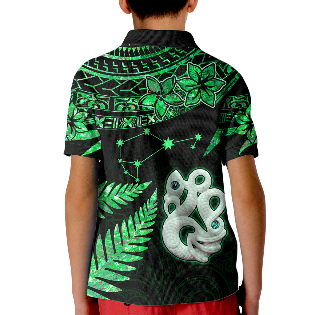 Maori Kid Polo Shirt Matariki Stars Manaia with Paua Shell - Green - Wonder Print Shop
