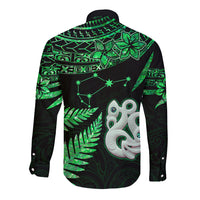Maori Long Sleeve Button Shirt Matariki Stars Manaia with Paua Shell - Green - Wonder Print Shop