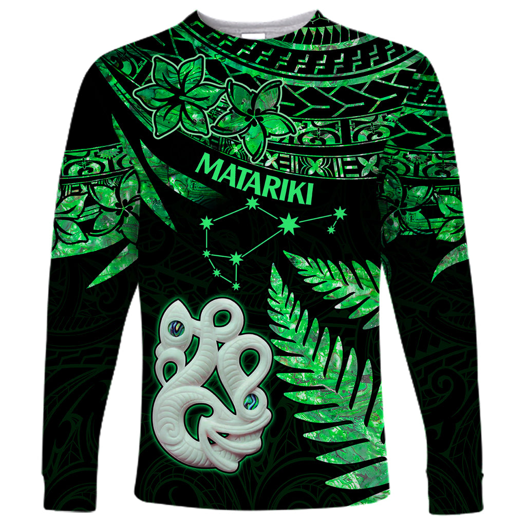 Maori Long Sleeve Shirt Matariki Stars Manaia with Paua Shell - Green - Wonder Print Shop