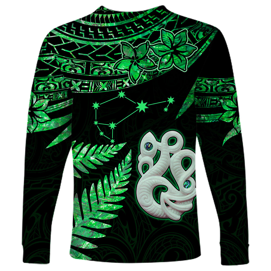 Maori Long Sleeve Shirt Matariki Stars Manaia with Paua Shell - Green - Wonder Print Shop