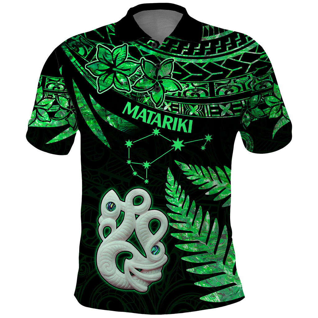 Maori Polo Shirt Matariki Stars Manaia with Paua Shell - Green - Wonder Print Shop
