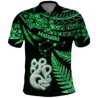 Maori Polo Shirt Matariki Stars Manaia with Paua Shell - Green - Wonder Print Shop