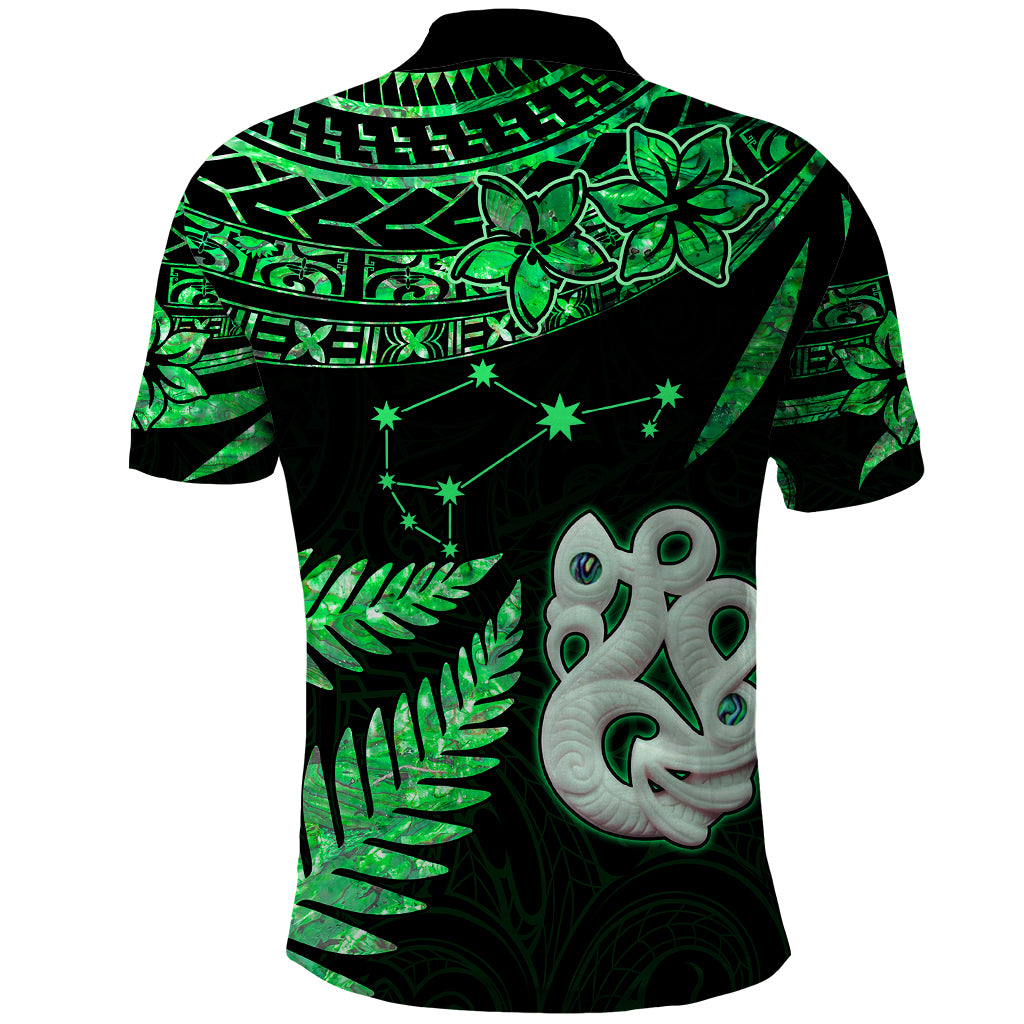 Maori Polo Shirt Matariki Stars Manaia with Paua Shell - Green - Wonder Print Shop