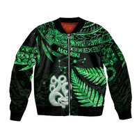 Maori Sleeve Zip Bomber Jacket Matariki Stars Manaia with Paua Shell - Green - Wonder Print Shop