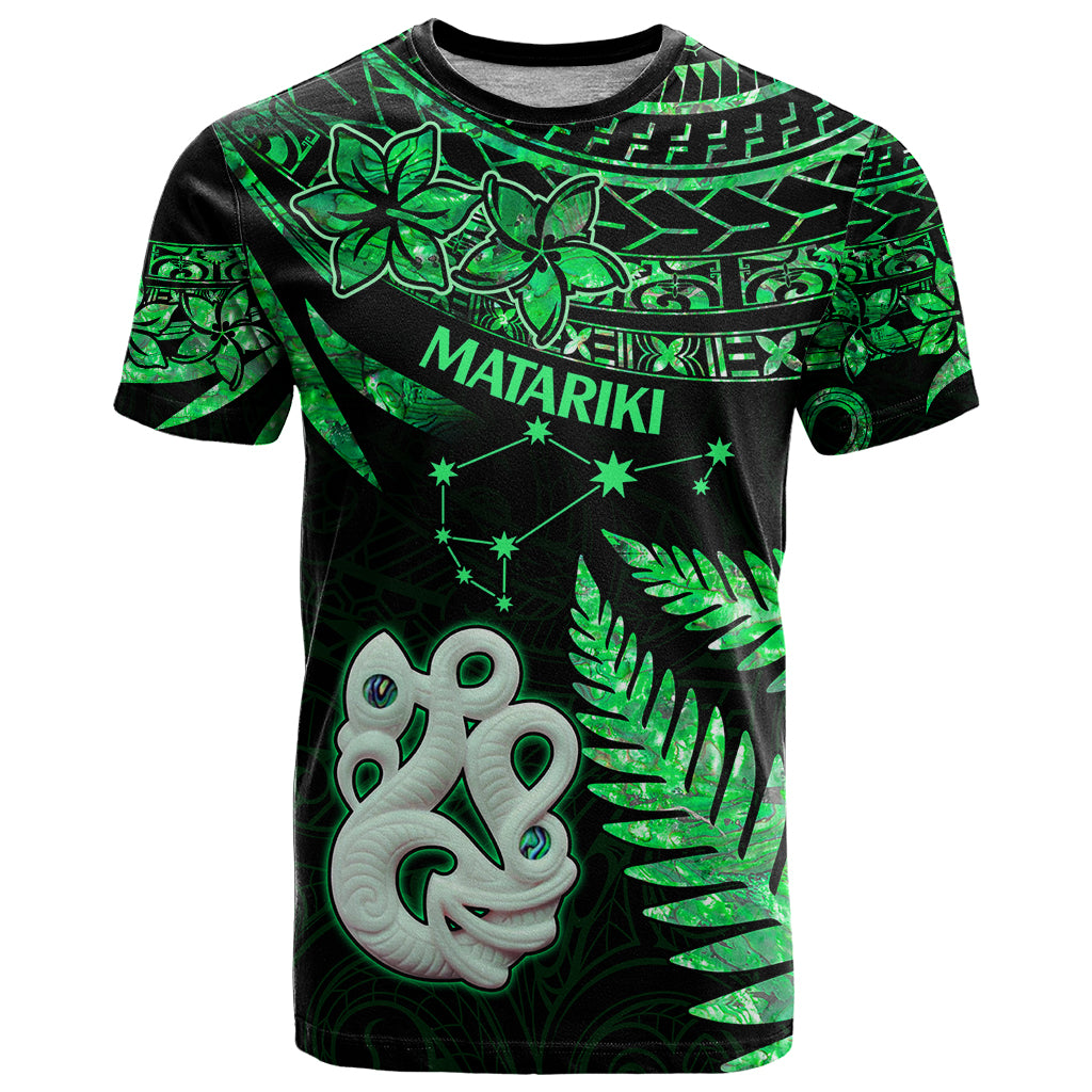 Maori T Shirt Matariki Stars Manaia with Paua Shell - Green - Wonder Print Shop