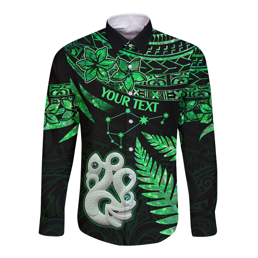 Custom Maori Long Sleeve Button Shirt Matariki Stars Manaia with Paua Shell - Green - Wonder Print Shop