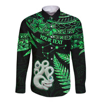 Custom Maori Long Sleeve Button Shirt Matariki Stars Manaia with Paua Shell - Green - Wonder Print Shop