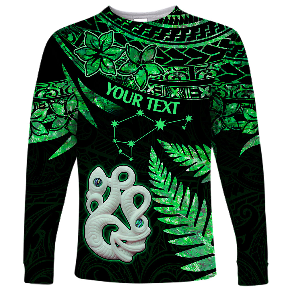 Custom Maori Long Sleeve Shirt Matariki Stars Manaia with Paua Shell - Green - Wonder Print Shop