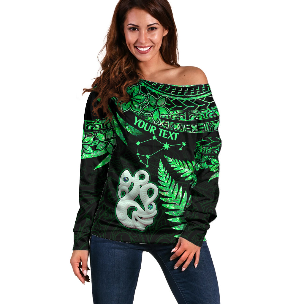 Custom Maori Off Shoulder Sweater Matariki Stars Manaia with Paua Shell - Green - Wonder Print Shop