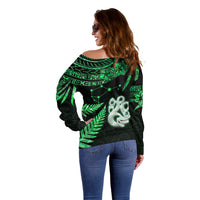 Custom Maori Off Shoulder Sweater Matariki Stars Manaia with Paua Shell - Green - Wonder Print Shop