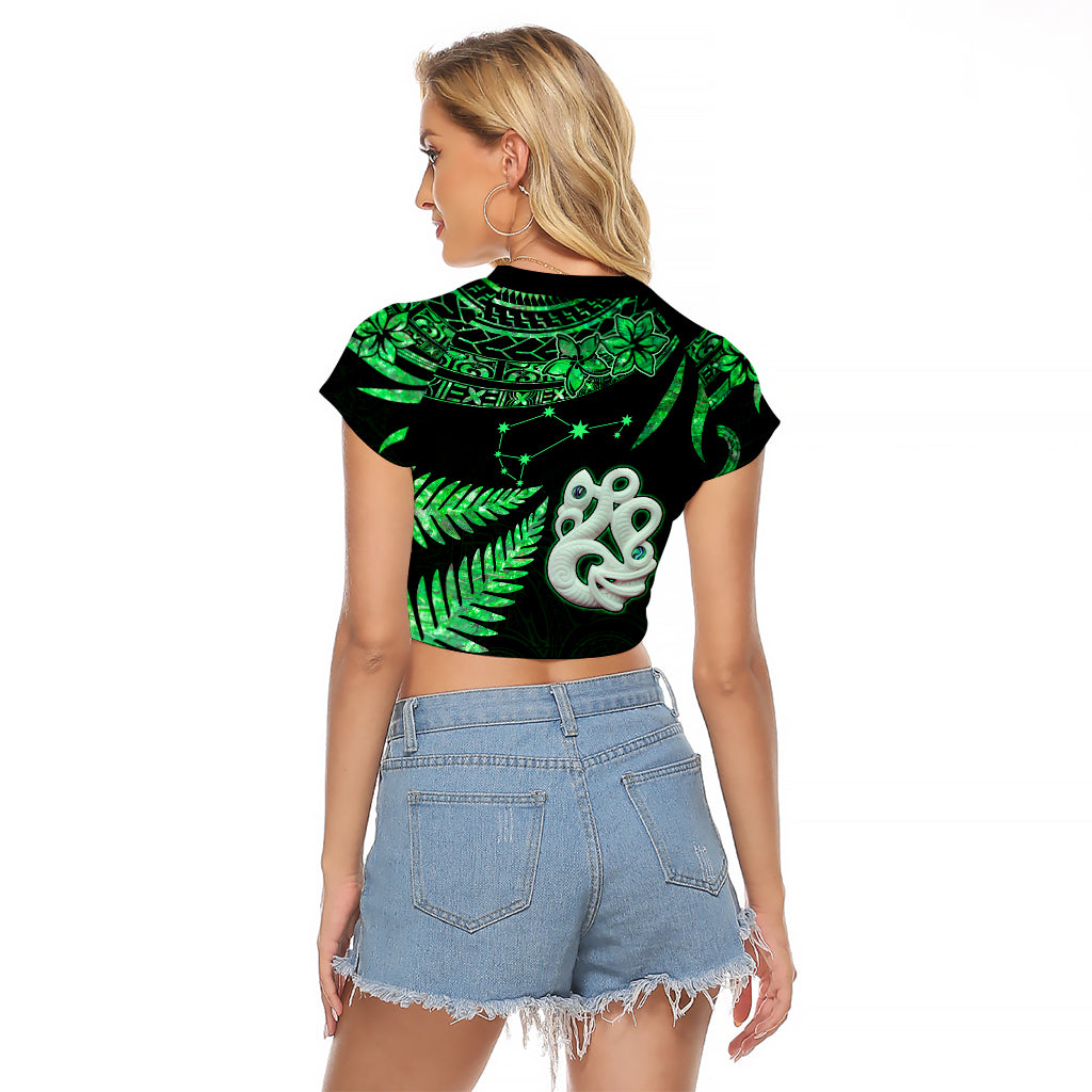 Custom Maori Raglan Cropped T Shirt Matariki Stars Manaia with Paua Shell - Green - Wonder Print Shop