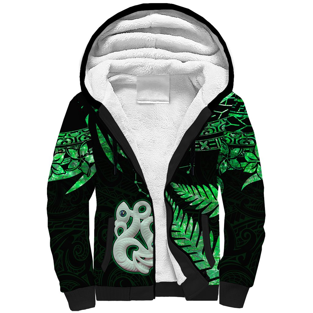 Custom Maori Sherpa Hoodie Matariki Stars Manaia with Paua Shell - Green - Wonder Print Shop