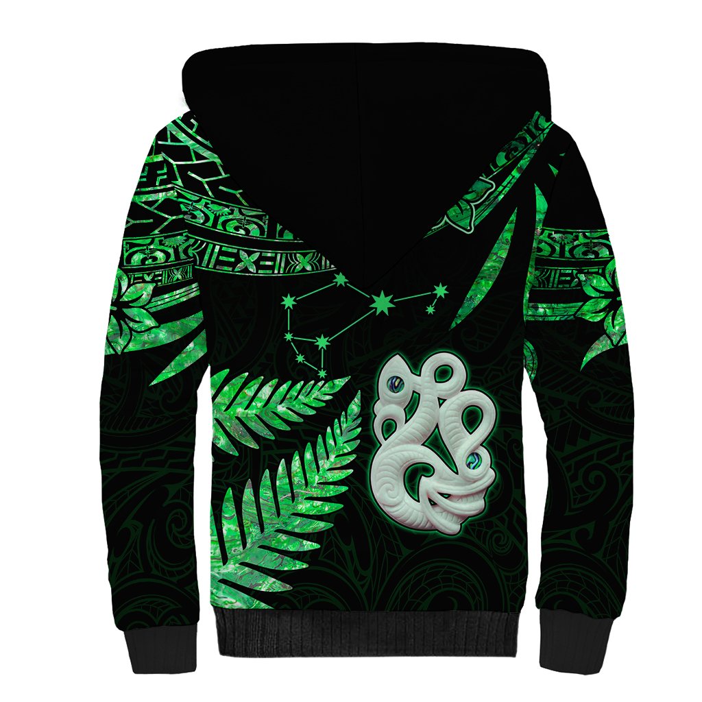 Custom Maori Sherpa Hoodie Matariki Stars Manaia with Paua Shell - Green - Wonder Print Shop