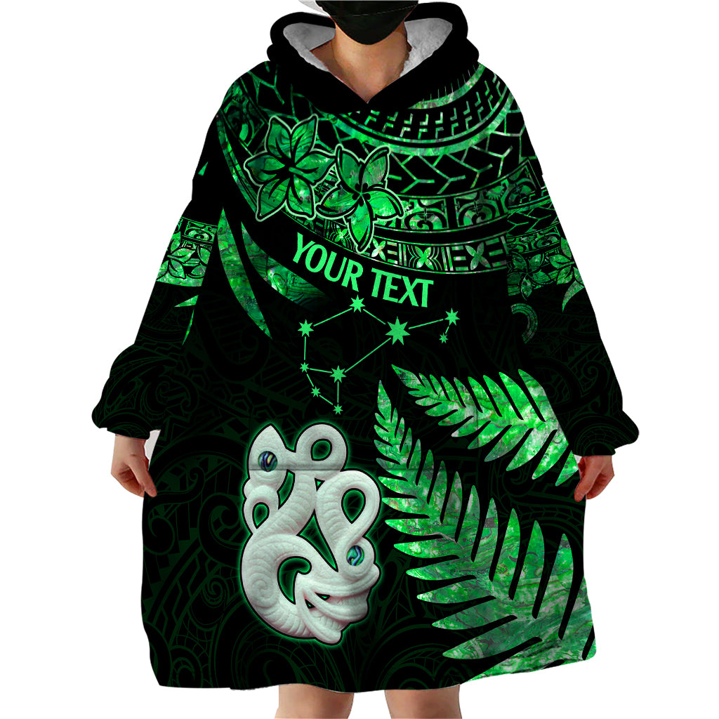 Custom Maori Wearable Blanket Hoodie Matariki Stars Manaia with Paua Shell - Green - Wonder Print Shop
