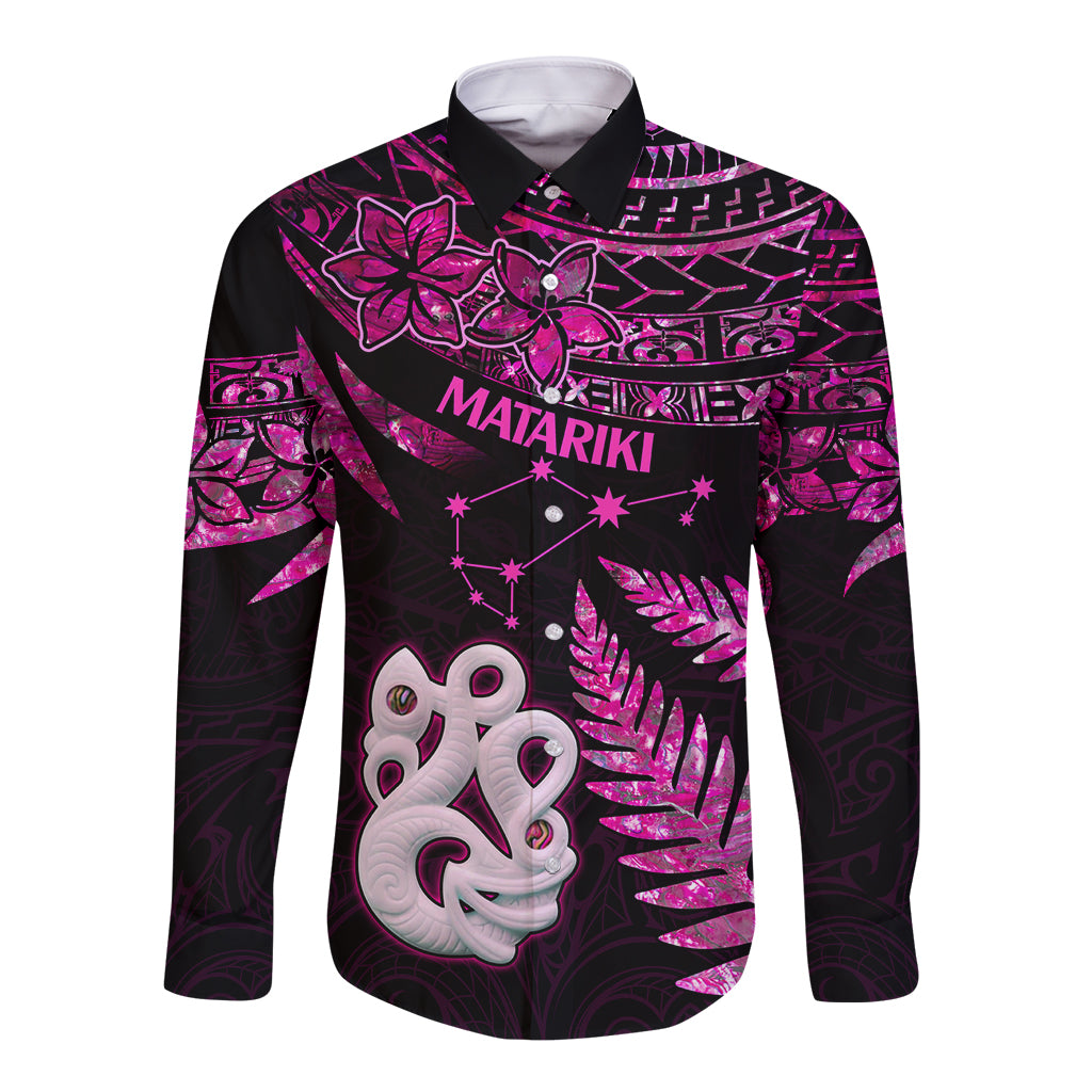 New Zealand Long Sleeve Button Shirt Matariki NZ Manaia with Paua Shell - Pink - Wonder Print Shop