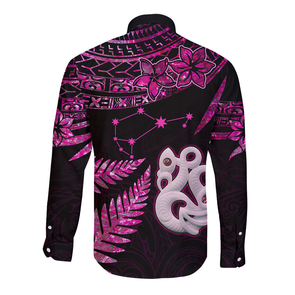 New Zealand Long Sleeve Button Shirt Matariki NZ Manaia with Paua Shell - Pink - Wonder Print Shop