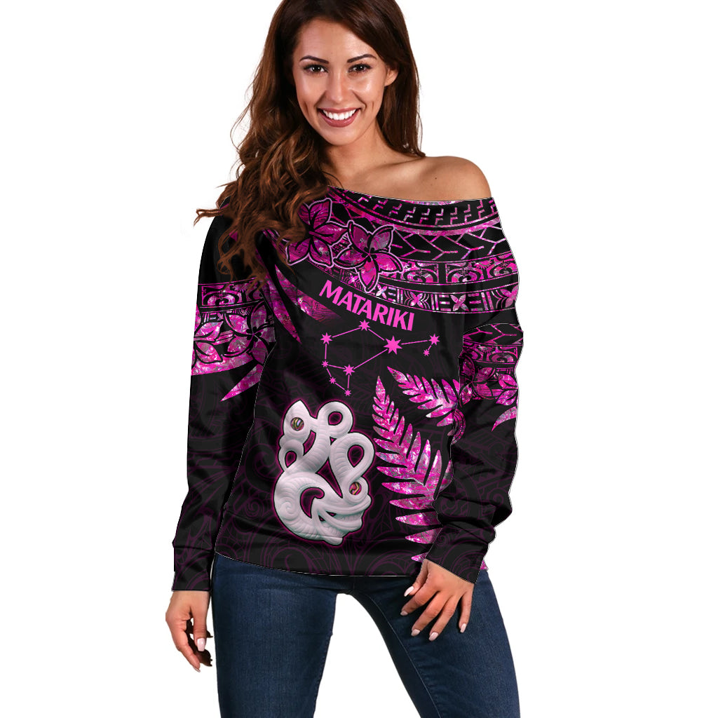 New Zealand Off Shoulder Sweater Matariki NZ Manaia with Paua Shell - Pink - Wonder Print Shop