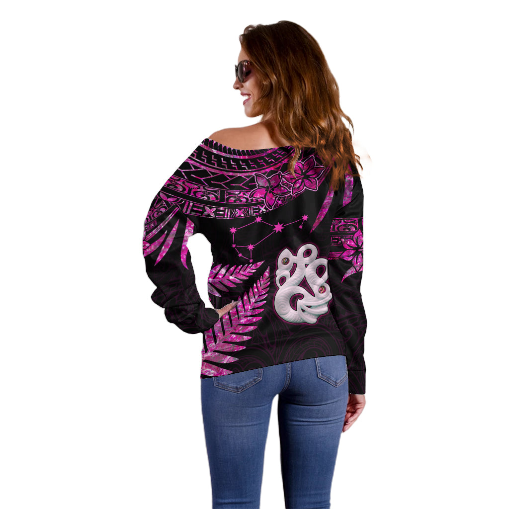 New Zealand Off Shoulder Sweater Matariki NZ Manaia with Paua Shell - Pink - Wonder Print Shop