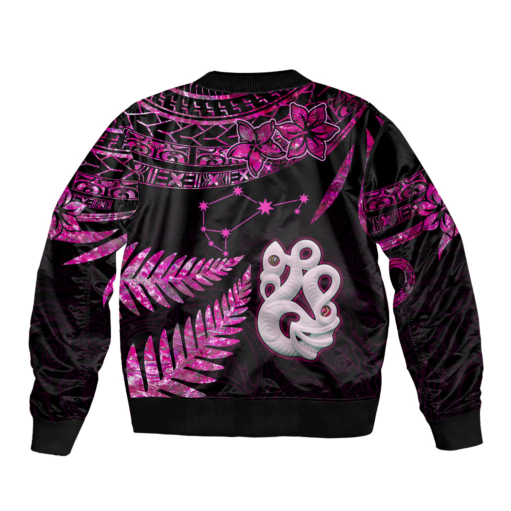 New Zealand Sleeve Zip Bomber Jacket Matariki NZ Manaia with Paua Shell - Pink - Wonder Print Shop