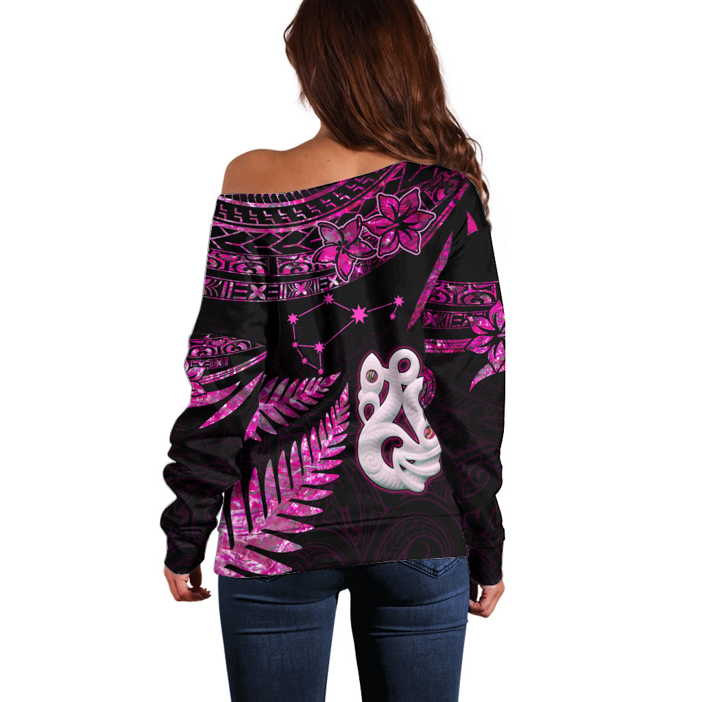 Custom New Zealand Off Shoulder Sweater Matariki NZ Manaia with Paua Shell - Pink - Wonder Print Shop