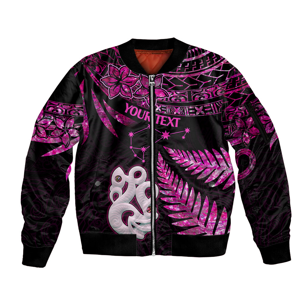 Custom New Zealand Sleeve Zip Bomber Jacket Matariki NZ Manaia with Paua Shell - Pink - Wonder Print Shop