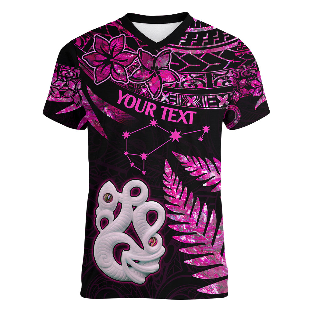 Custom New Zealand Women V Neck T Shirt Matariki NZ Manaia with Paua Shell - Pink - Wonder Print Shop