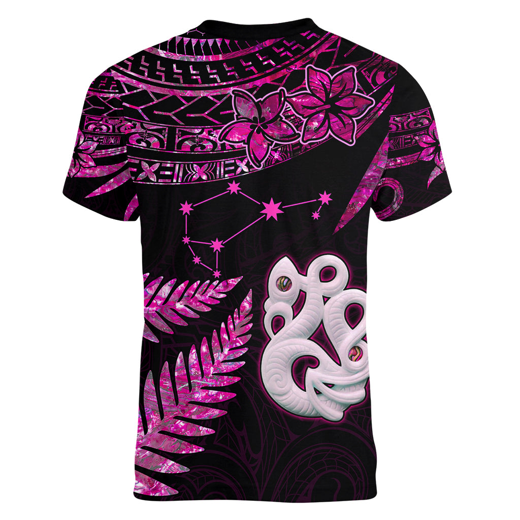 Custom New Zealand Women V Neck T Shirt Matariki NZ Manaia with Paua Shell - Pink - Wonder Print Shop