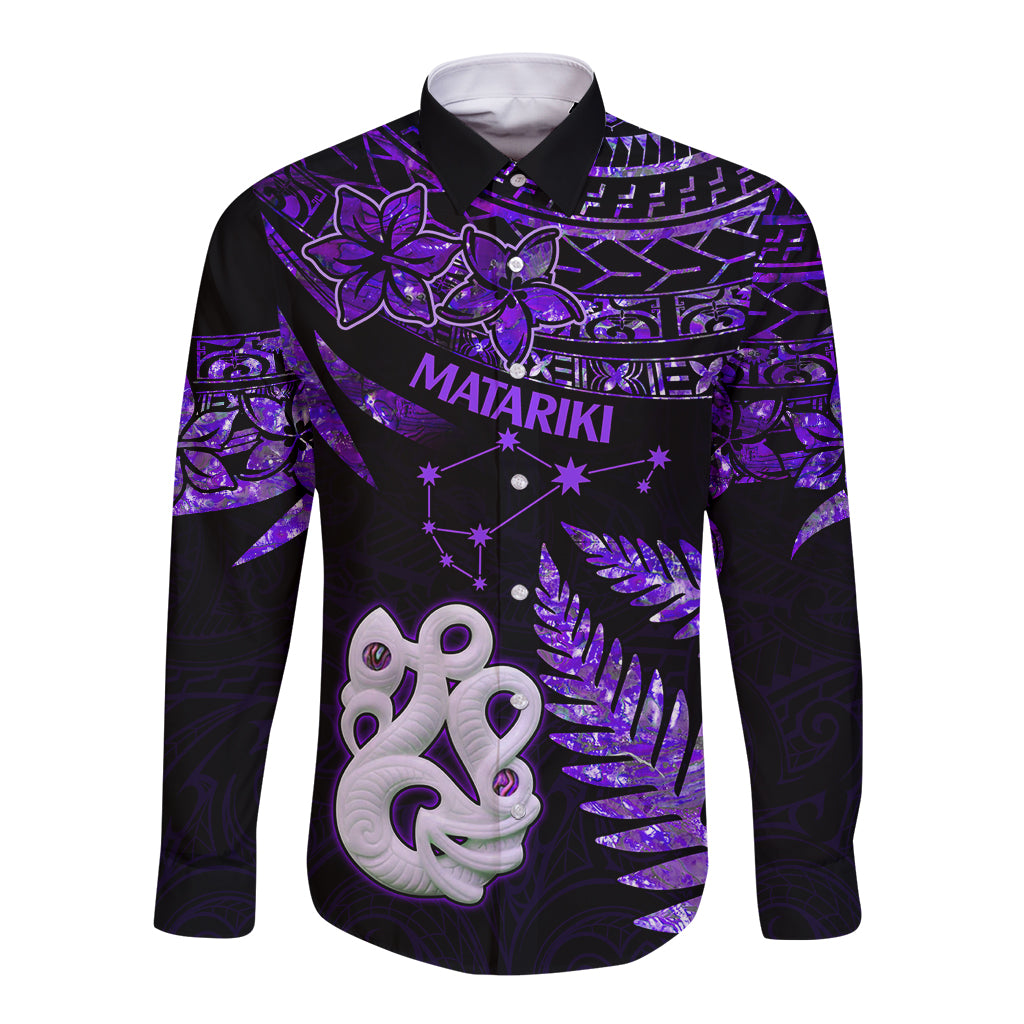New Zealand Long Sleeve Button Shirt Matariki NZ Manaia with Paua Shell - Purple - Wonder Print Shop