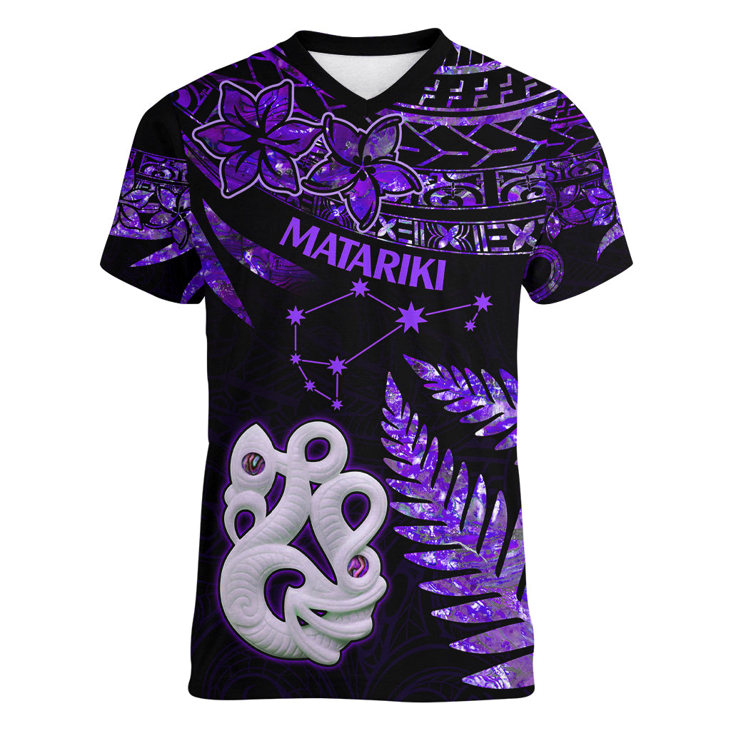 New Zealand Women V Neck T Shirt Matariki NZ Manaia with Paua Shell - Purple - Wonder Print Shop
