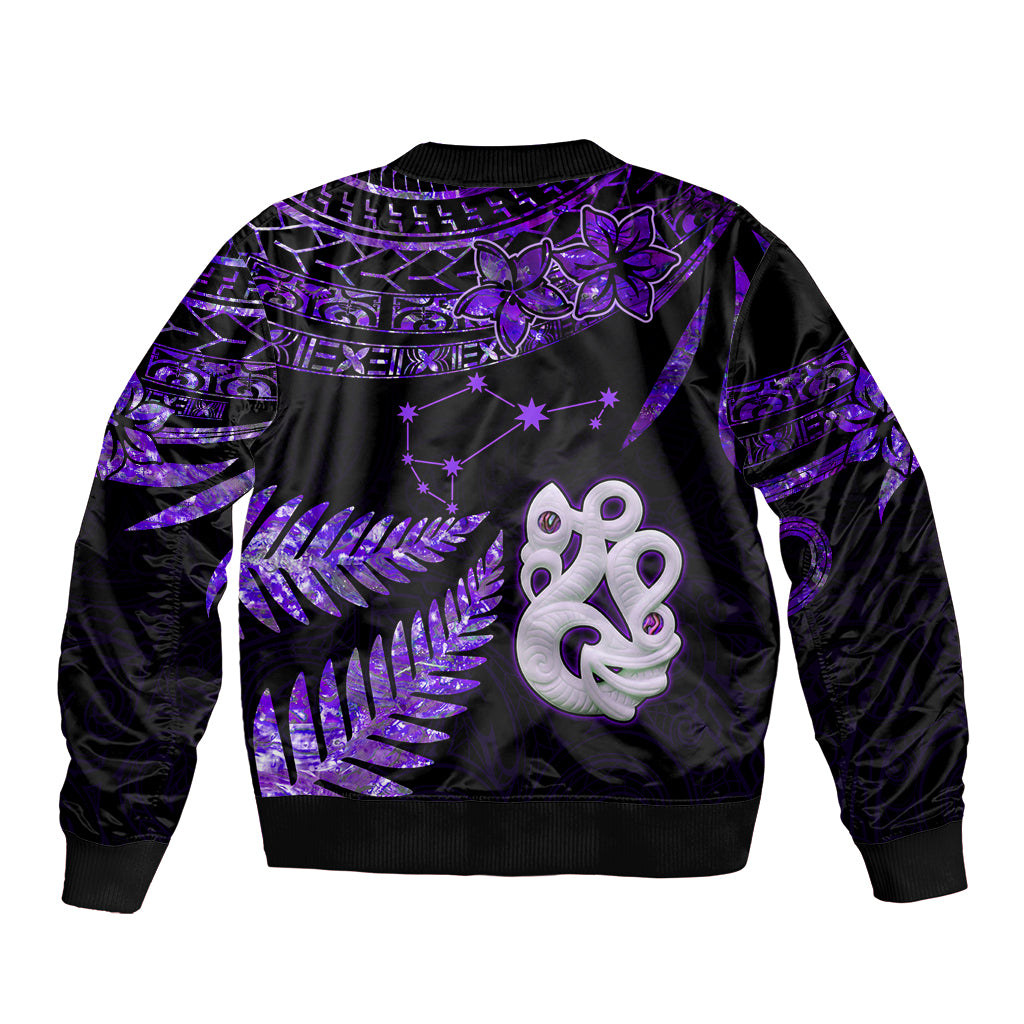 Custom New Zealand Bomber Jacket Matariki NZ Manaia with Paua Shell - Purple LT9 - Wonder Print Shop