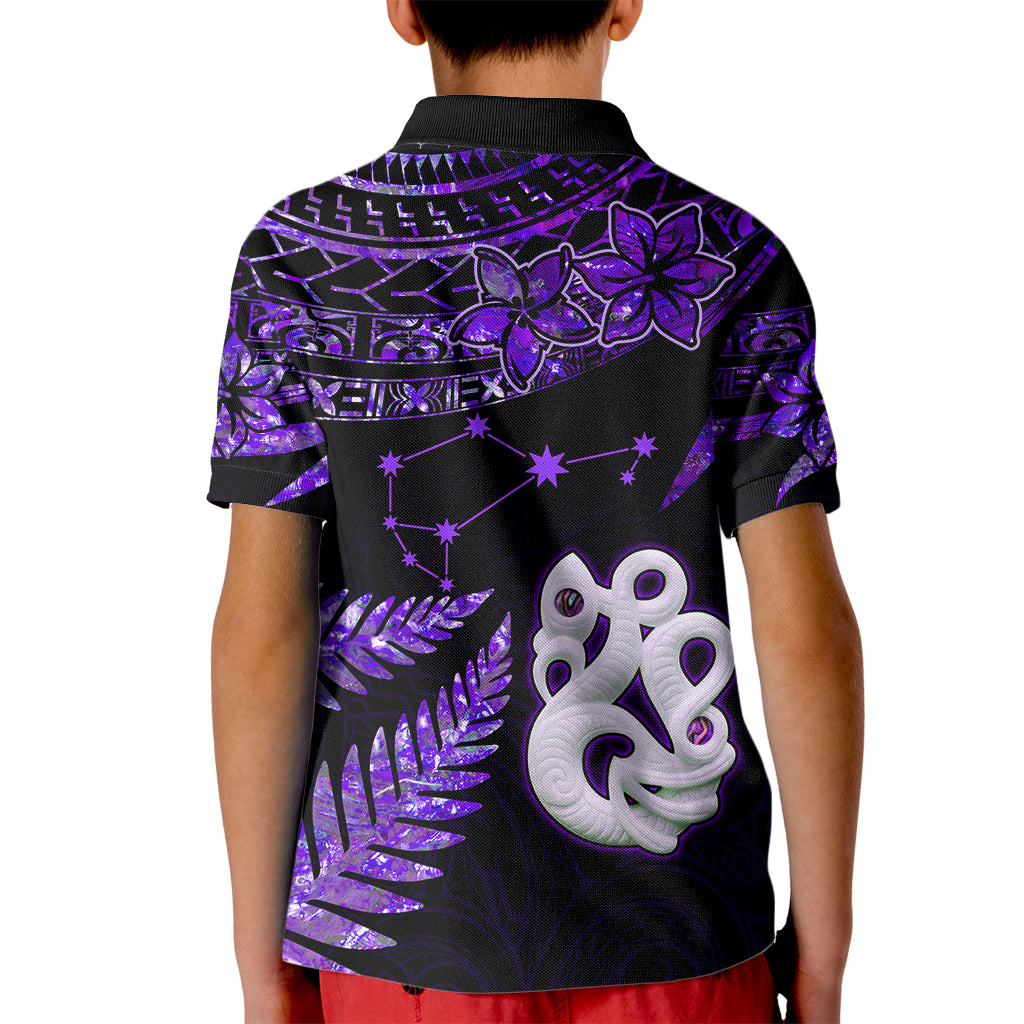 Custom New Zealand Kid Polo Shirt Matariki NZ Manaia with Paua Shell - Purple - Wonder Print Shop