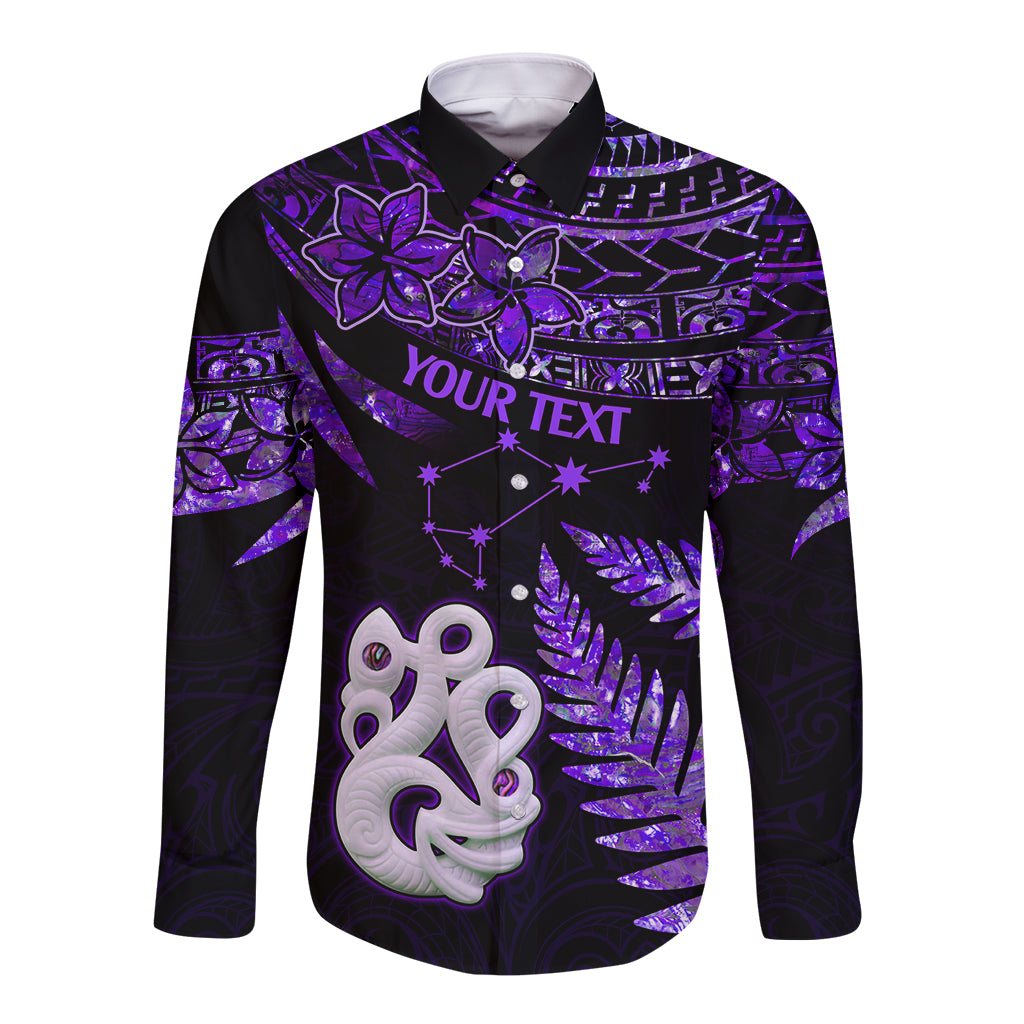 Custom New Zealand Long Sleeve Button Shirt Matariki NZ Manaia with Paua Shell - Purple - Wonder Print Shop